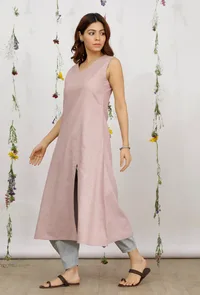 Set of 2: Orchid Pink A Line Cotton Khaadi Kurta with Powder Blue Dhoti Pants image 3