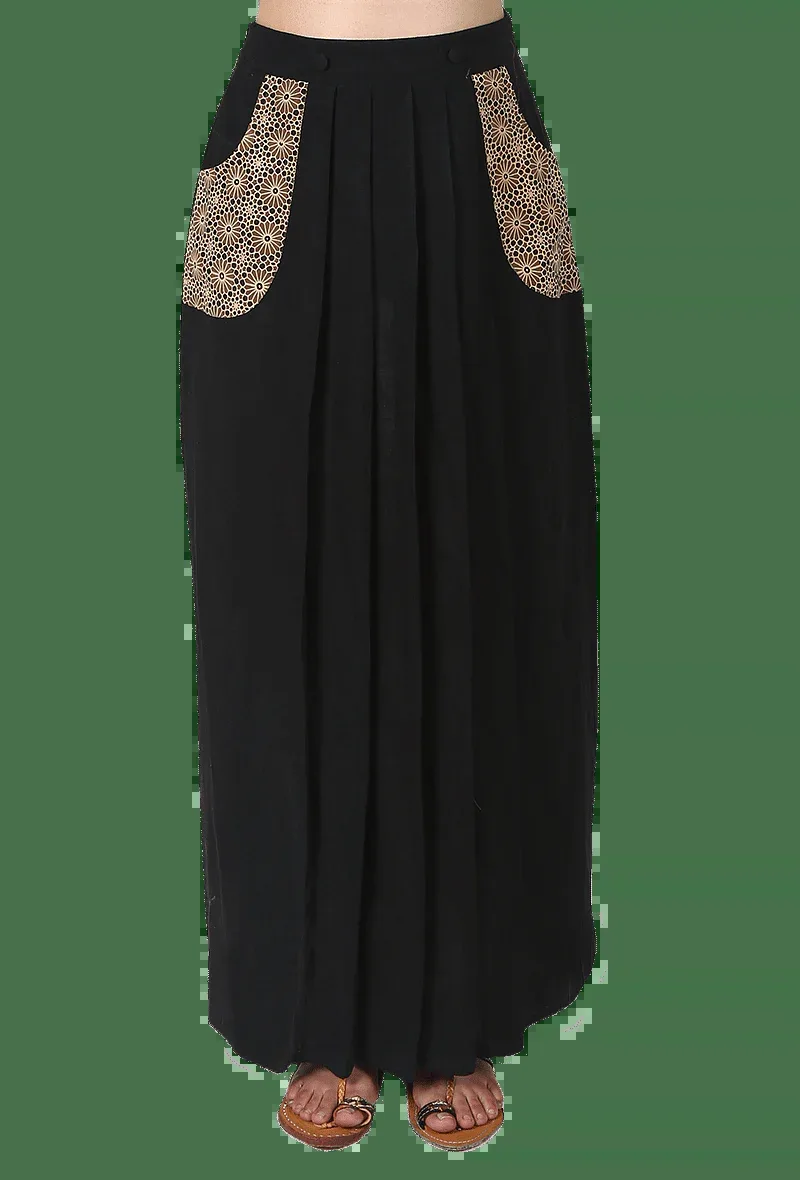 Black Pure Cotton Pleated Ajrakh Skirt