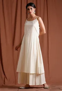 Set of 2: Off White Slip Cotton Kurta with Palazzo image 1