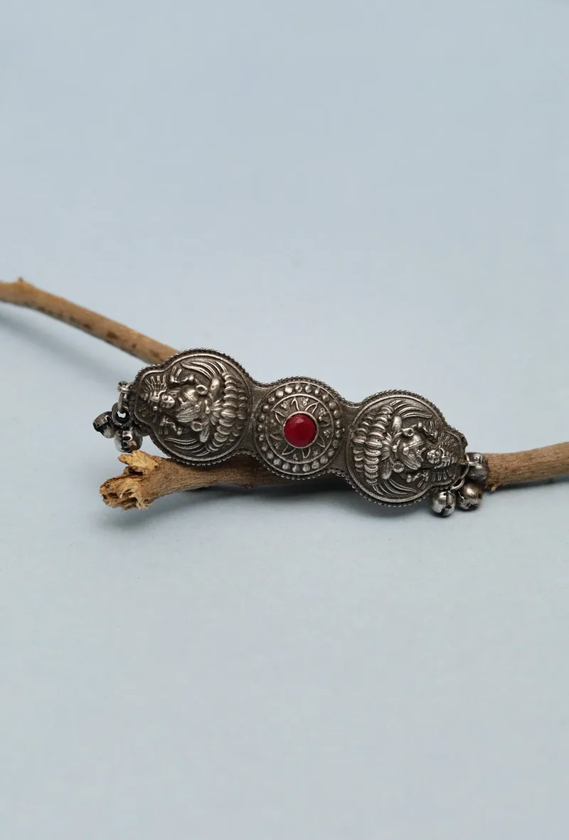 Silver Look Like Round Goddess Lakshmi Ruby Stone Adjustable Size Ring