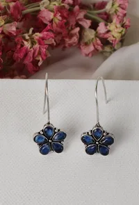 Blue Kundan Floral Drop Hook Earrings image 1