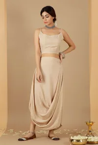 Set Of 2: Beige Plain Crop Top & Drape Skirt image 2