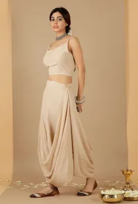 Set Of 2: Beige Plain Crop Top & Drape Skirt image 3