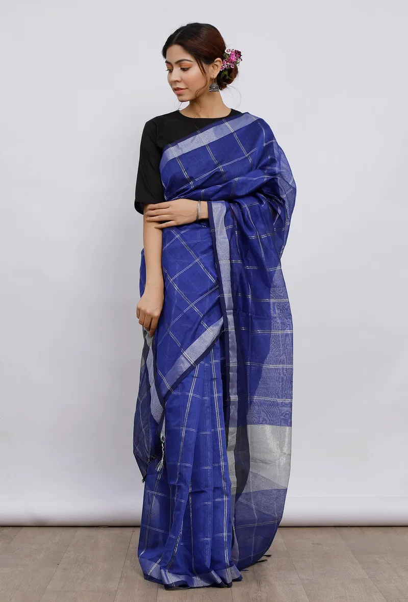 Cobalt blue Cott by zari check gamcha sari w/ blouse piece