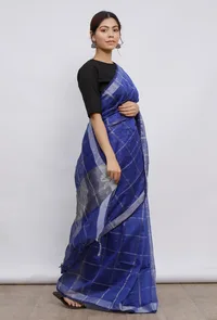 Cobalt blue Cott by zari check gamcha sari w/ blouse piece image 2