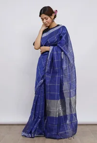 Cobalt blue Cott by zari check gamcha sari w/ blouse piece image 3