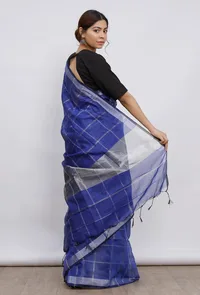 Cobalt blue Cott by zari check gamcha sari w/ blouse piece image 4