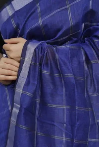 Cobalt blue Cott by zari check gamcha sari w/ blouse piece image 5