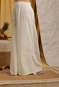 Off White Cotton Schiffli Flared Palazzo Pants image 3