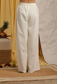 Off White Cotton Schiffli Flared Palazzo Pants image 4