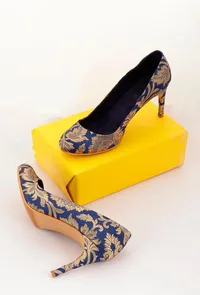 Blue Brocade Pencil Heel Pumps image 1
