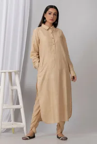 Set of 2: Brown Cotton Khadi Collar Kurta with Dhoti image 1