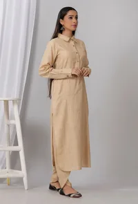 Set of 2: Brown Cotton Khadi Collar Kurta with Dhoti image 2