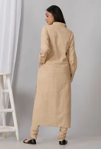 Set of 2: Brown Cotton Khadi Collar Kurta with Dhoti image 3