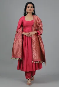 Burnt Coral Chanderi Brocade Dupatta image 1