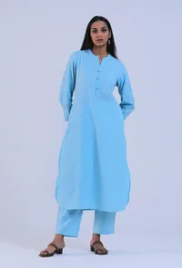 Women Blue V-Neck Cotton Kurta image 1