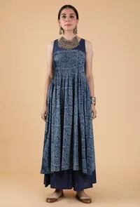 Set Of 2:Bhakti Indigo Jaal Print Pleated Kurta Dress & Palazzo Pants image 1