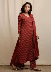 Red Cotton Plain Dupatta with Ajrakh Print tassels image 4