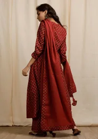 Red Cotton Plain Dupatta with Ajrakh Print tassels image 5