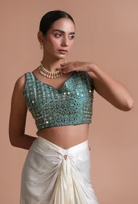 Light Green Color Raw Silk Mirror Work Blouse image 1