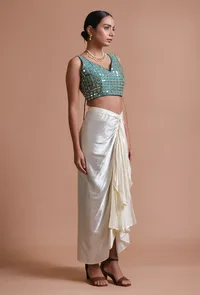 Light Green Color Raw Silk Mirror Work Blouse image 4