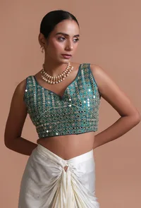 Light Green Color Raw Silk Mirror Work Blouse image 6