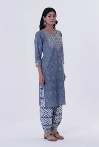 Blue & White Block Printed Cotton Kurta image 2