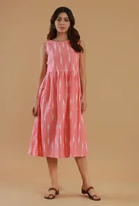 Pink Ikat Sleeveless Cotton Midi Dress image 1