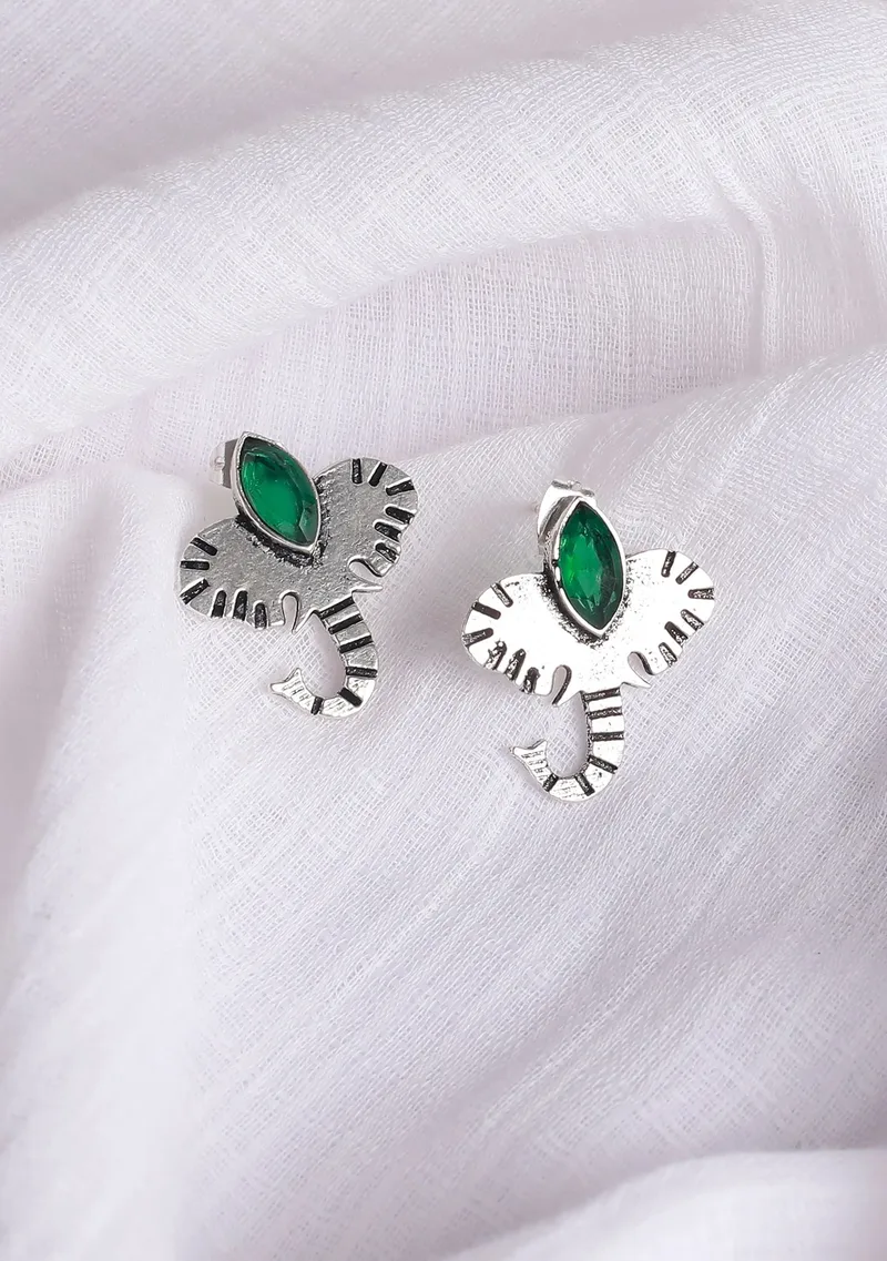 Elephant with Green Stone Brass Earrings