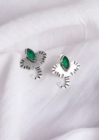 Elephant with Green Stone Brass Earrings image 1