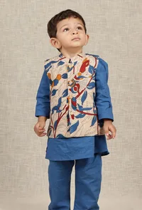 Daven Beige Cream Kalamkari Printed Cotton Nehru Jacket image 1