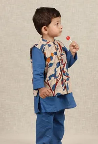 Daven Beige Cream Kalamkari Printed Cotton Nehru Jacket image 2