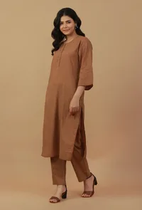 Coffee Brown Straight Cotton Kurta image 3