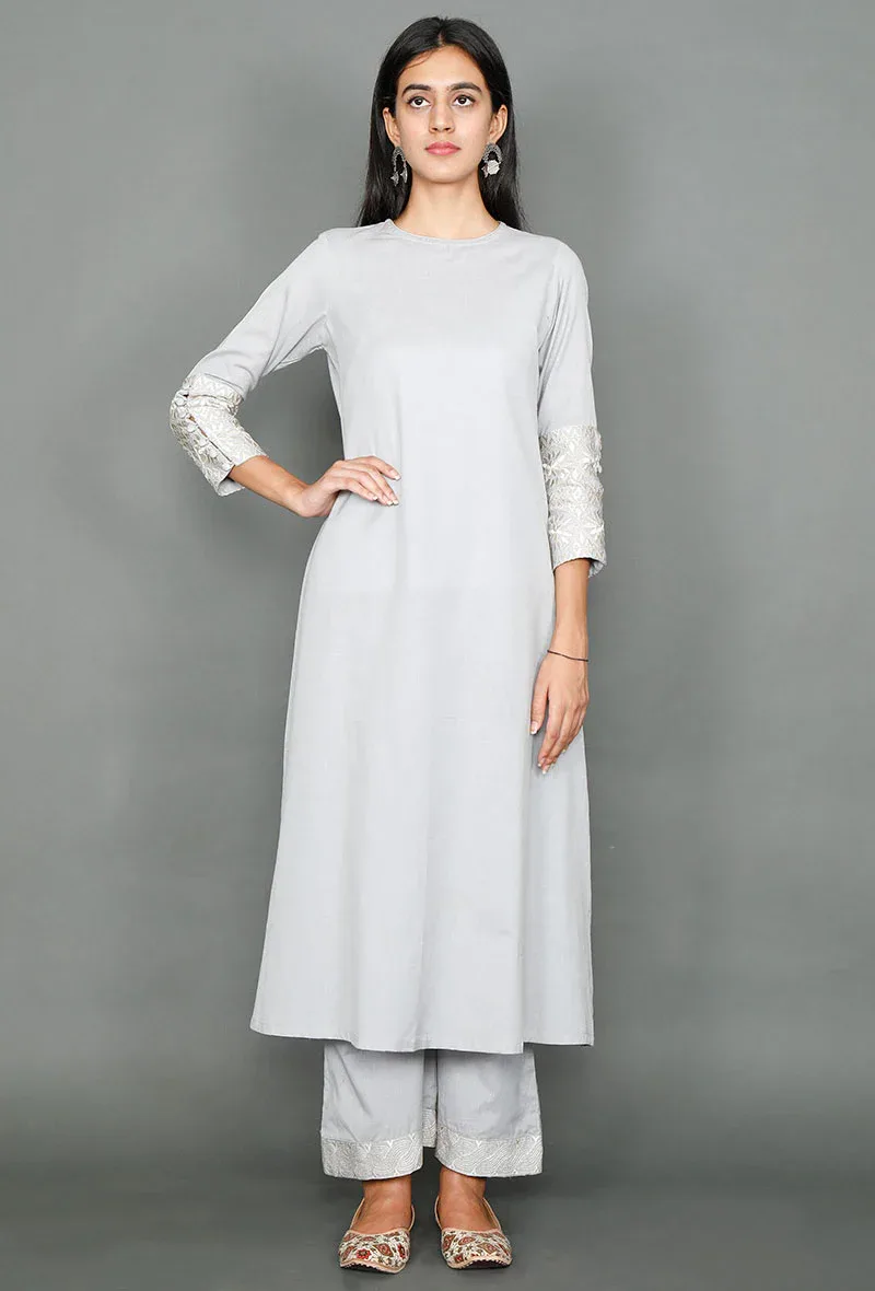 Pale Grey Kurta With Kantha Embroidered Sleeves