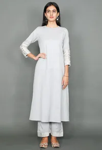 Pale Grey Kurta With Kantha Embroidered Sleeves image 1