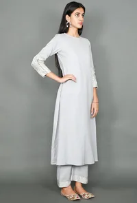 Pale Grey Kurta With Kantha Embroidered Sleeves image 2