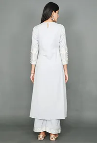 Pale Grey Kurta With Kantha Embroidered Sleeves image 3