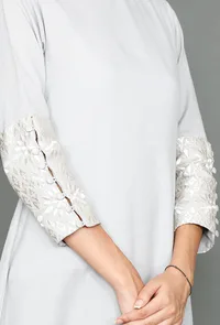 Pale Grey Kurta With Kantha Embroidered Sleeves image 4