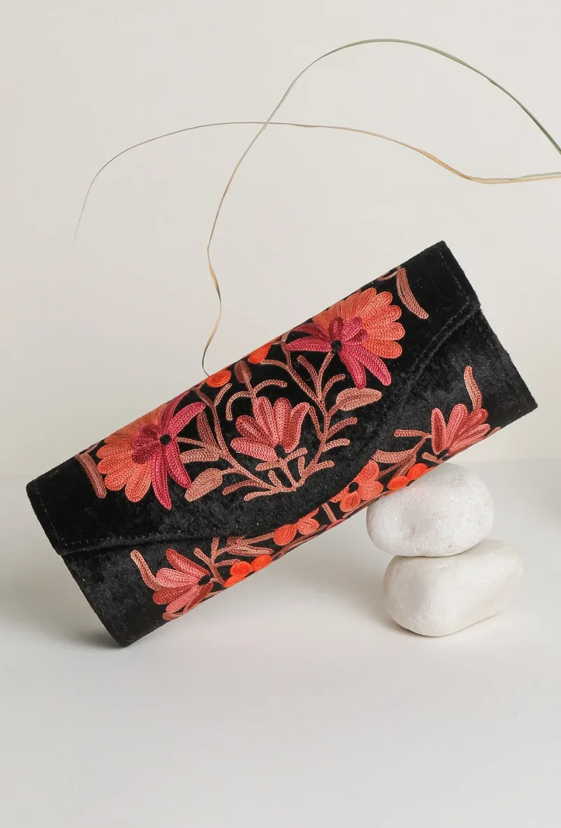 Black Tilla Embroidery Velvet Clutch