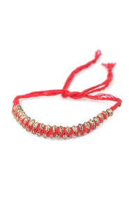 Set Of 2: Diti Red Thread & Antique Plated Brass Beaded Anklets image 2
