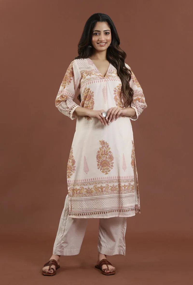 Set of 2: Printed Cotton Kurta with Pant