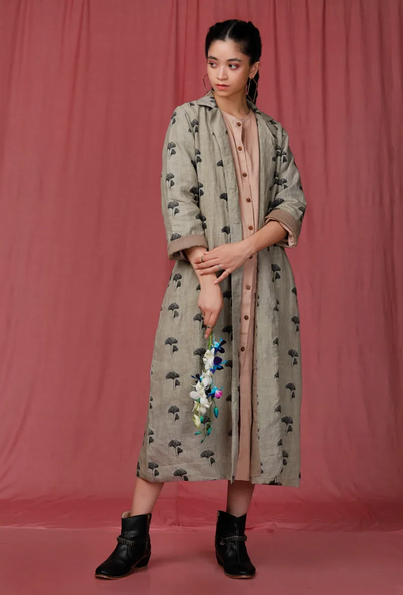 Sage Green Handblock Printed Long Linen Overcoat