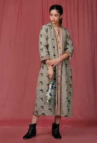Sage Green Handblock Printed Long Linen Overcoat image 1