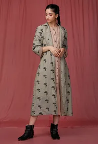 Sage Green Handblock Printed Long Linen Overcoat image 2