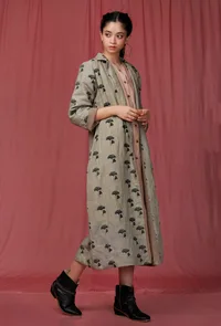 Sage Green Handblock Printed Long Linen Overcoat image 3