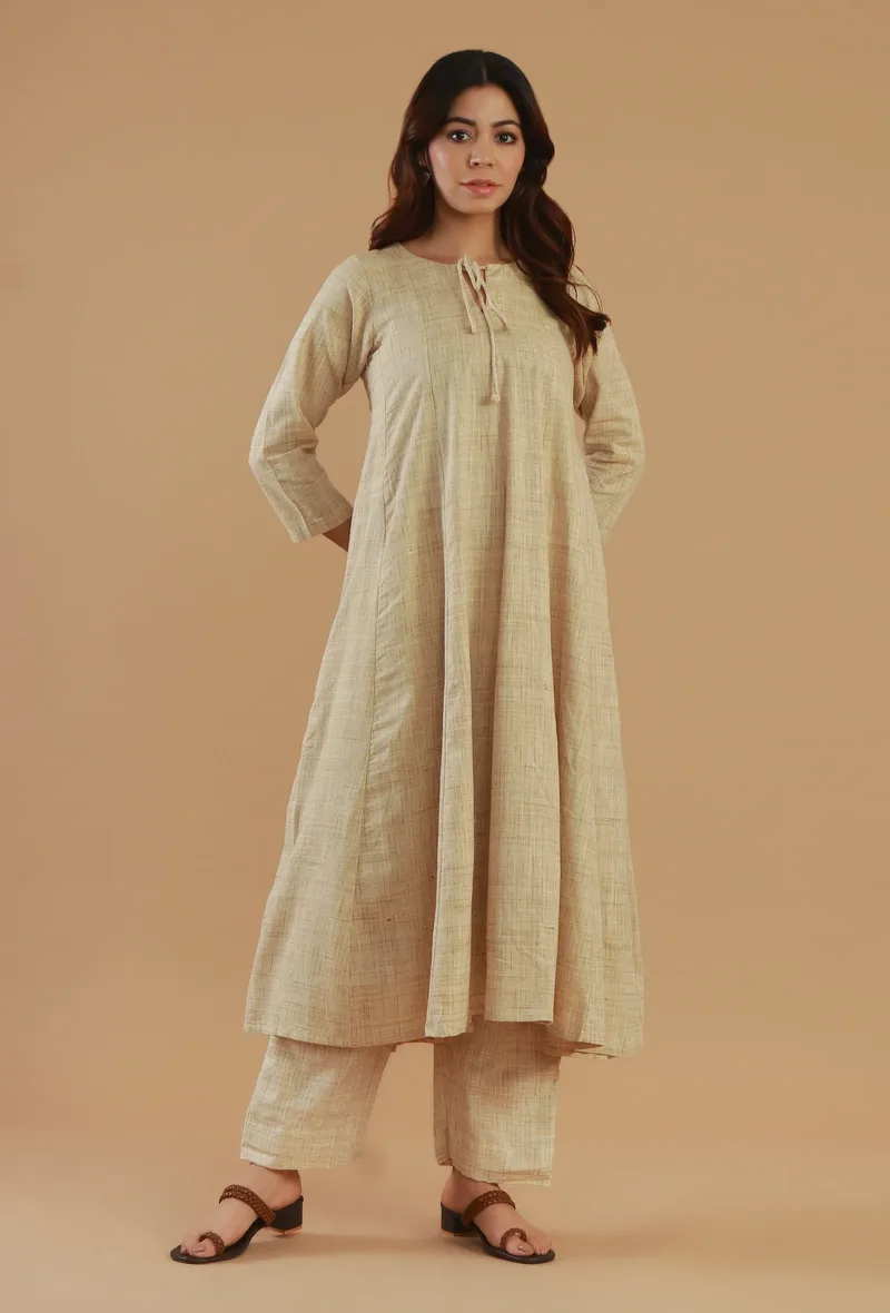 Beige Cotton Tie-Up Flared Kurta