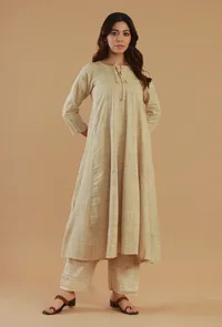 Beige Cotton Tie-Up Flared Kurta image 1