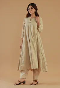 Beige Cotton Tie-Up Flared Kurta image 2