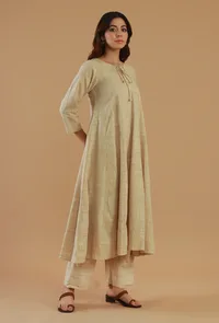Beige Cotton Tie-Up Flared Kurta image 3