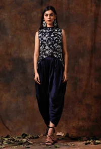 Set of 3 : Blue Asymmetric Georgette Cape With Satin Slip Blouse and Dhoti image 1